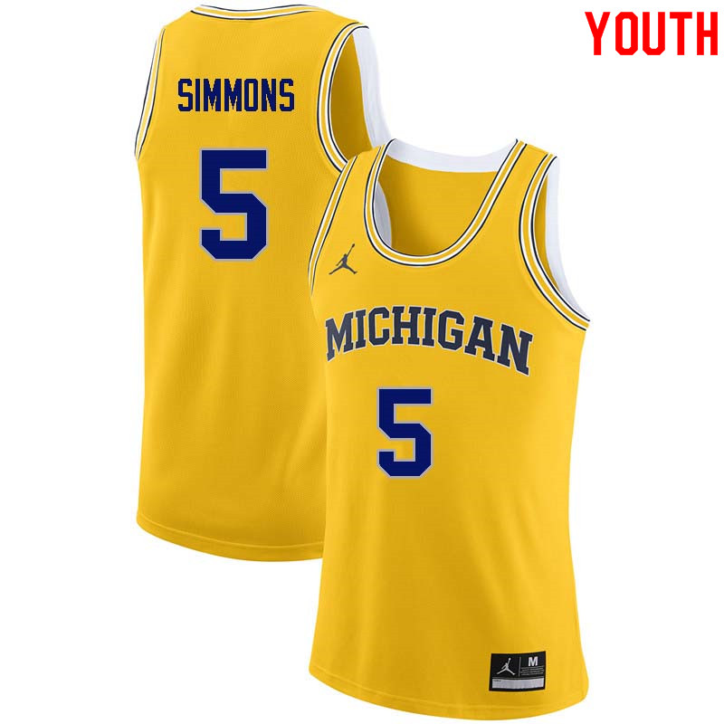 Youth #5 Jaaron Simmons Michigan Wolverines College Basketball Jerseys Sale-Yellow